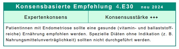 Patientinnen mit Endometriose sollte eine gesunde (vitamin- und ballaststoffreiche) Ernährung empfohlen werden. Spezielle Diäten ohne Indikation (z. B. Nahrungsmittelunverträglichkeit) sollten nicht durchgeführt werden.